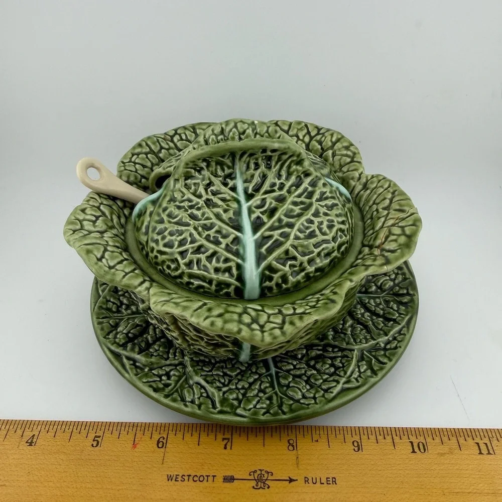 Costa Pereira Cabbage Leaf Tureen Set OS Green Majolica Portugal Vintage